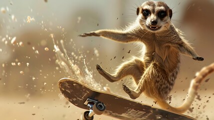 meerkat skaiting on the skateboard on clean background
