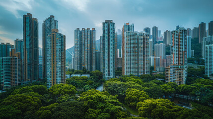 Fototapeta premium A panoramic view of a dense urban skyline featuring numerous high-rise buildings surrounded by green trees.