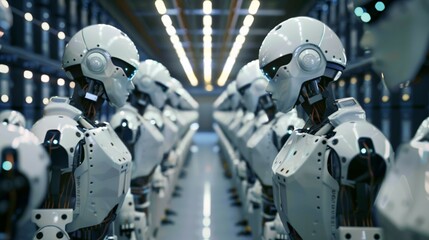 Fototapeta premium futuristic cyborg robots standing in a row at factory, robotics and technology concept