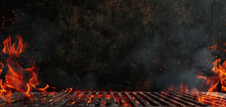 Hot empty portable barbecue BBQ grill with flaming fire and ember charcoal on black background