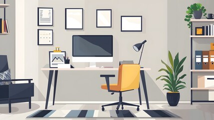 Modern home office in the living room, Convenient, comfortable, nice place to work, Remote work from home, Minimal interior decor design background.