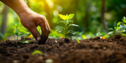 Closeup shot of hand planting young tree in fertile soil for reforestation. Concept Environment, Reforestation, Gardening, Sustainability, Planting