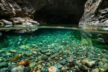 Fototapeta premium The incredibly clear water reveals a rocky underwater landscape in a calm and secluded setting
