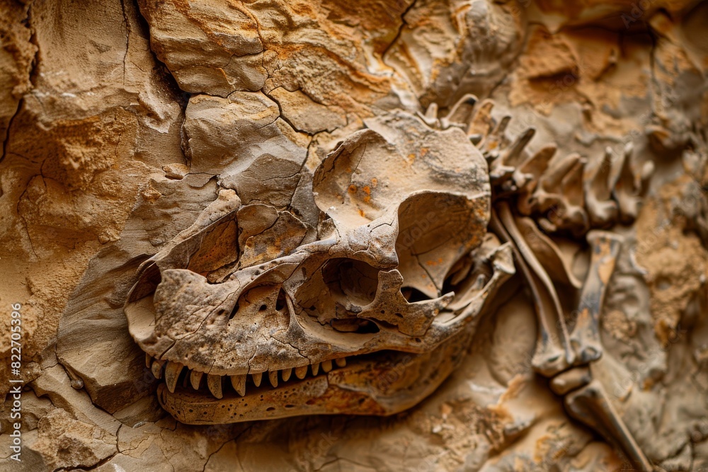 Poster Close-up of a fossilized dinosaur skull embedded in a rock surface on display
