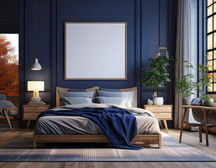 A 3D-rendered illustration of a cozy dark blue bedroom interior featuring a mockup frame, ready for showcasing art prints or photographs.