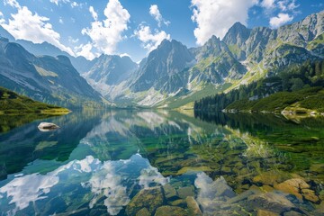 Fototapeta premium This stock image showcases a stunning lake reflecting the towering mountains and blue sky, offering a picturesque scene of natural beauty