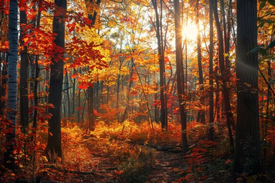 A warm autumnal forest bathed in sunlight, highlighting the rich red and orange hues of the fall foliage