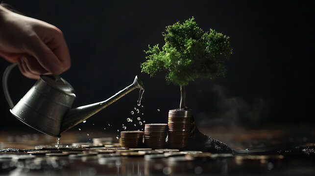 a hand watering a small tree that is growing out of coins using a watering can. This visual metaphor often symbolizes financial growth or investment
