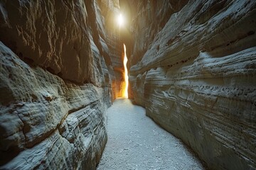Warm sunlight filtering through the crevices of a narrow canyon illuminated rocky walls