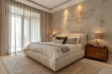 The bedroom has a spacious bed and a big window for natural light