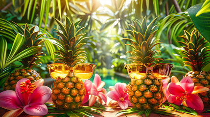 Fototapeta premium Fresh Pineapple with Cocktail Straw on a Beach, Tropical Summer Drink Concept, Refreshing Vacation Scene