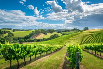 Naklejka premium A scenic panorama of a green vineyard, with neatly lined vines and rolling hills under a partly cloudy sky