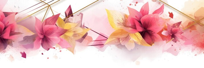Abstract geometric watercolor banner with dynamic shapes and splatters. Pink flower and leaves line arrangement or composition with white background. Modern art concept for creative design. AIG35.