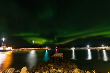 Aurora borealis on island of Hrisey in North Iceland