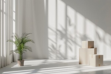 Sunlit Room with Cardboard Boxes, Lush Setting, Indoor Photography, Soft Light