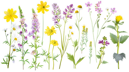 A set of wild flowers isolated on a white background, perfect for floral decoration and adding natural beauty to any occasion.