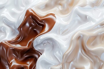 Abstract white and brown liquid. Milk and caramel, coffee blending together. 3D  of solid shapes. Colorful textures. Soft milky .