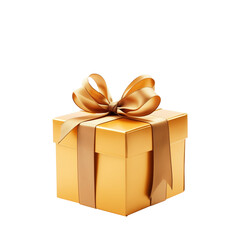 Golden gift box with ribbon. Transparent PNG background. Birthday present mockup. Closed square surprise box. Ideal for promotional campaigns, black Friday, valentines, Christmas, mother's day.