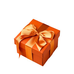 Obraz premium Orange golden gift box with ribbon. Transparent PNG background. Birthday present mockup. Closed square surprise box. Ideal for promotional campaigns, black Friday, valentines, Christmas, mother's day.