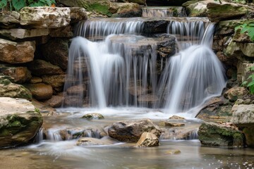 Obraz premium A picturesque, soft flowing waterfall descends gracefully over a forest stone ledge into a rocky creek below