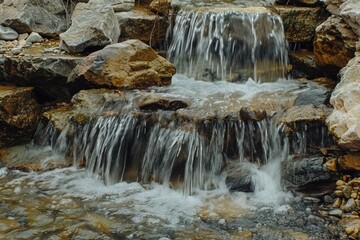 Gentle cascades of water spill over a rocky bed in nature, creating a series of mini waterfalls amid stones