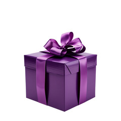 Fototapeta premium Purple gift box with ribbon. Transparent PNG background. Birthday present mockup. Closed square surprise box. Ideal for promotional campaigns, black Friday, valentines, Christmas, mother's day.