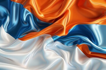 Blue, white and orange satin background, luxury backdrop, abstract design, 3D illustration