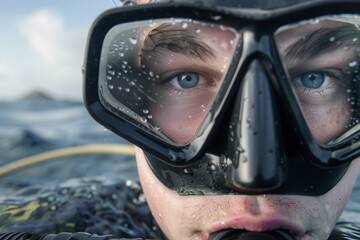 Crisp image focusing on the strap of a diving mask with blurred ocean view