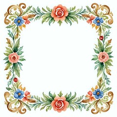 Watercolor decoration floral vintage ornament frame square on isolated white background