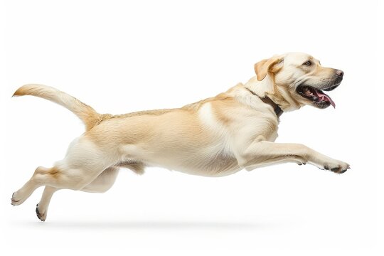 labrador retriever dog running and jumping happily, white background 