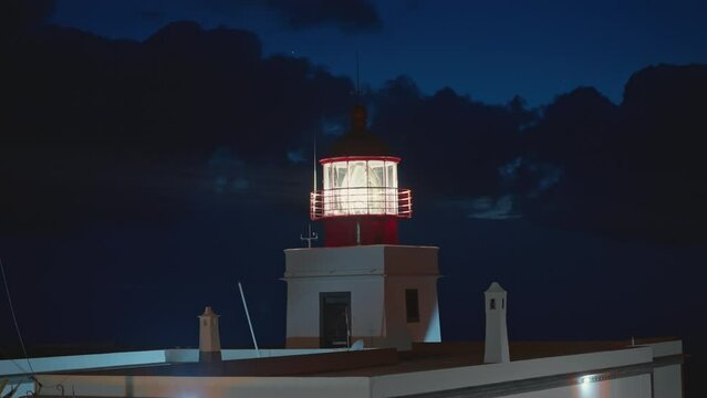 Aerial view lighthouse in Madeira, Portugal at night
