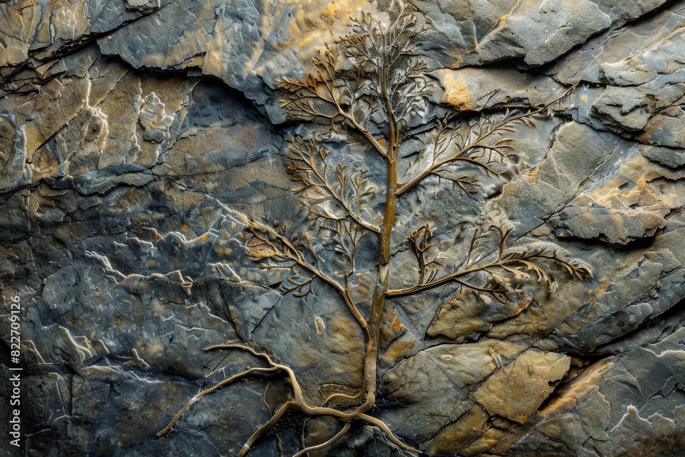 Poster detailed image of a fossil fern imprint preserved in sedimentary rock, showcasing geological time
