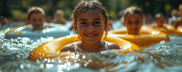 A group of happy kids playing in the lake at summer camp, surrounded by other swimmers and colorful inflatable tubes floating around them