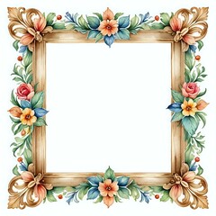 Watercolor decoration floral vintage ornament frame square on isolated white background