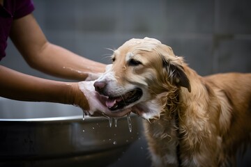 Golden dog calmly getting bathed, contrasting with busy caretaker, in blurred background