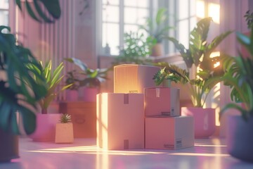 Stack of Cardboard Boxes with Houseplants, Minimalist Setting, Bright Light, Indoor Photography