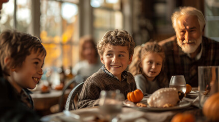 Fototapeta premium A family enjoys Thanksgiving dinner together, featuring children, an elderly man, and festive decorations, celebrating tradition and togetherness.