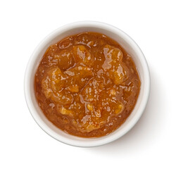 Apricot jam isolated on white background, top view