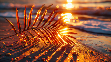 Golden Sunset Over Tropical Landscape, Silhouetted Palm Trees Against Bright Sky, Summer Vacation Ambiance
