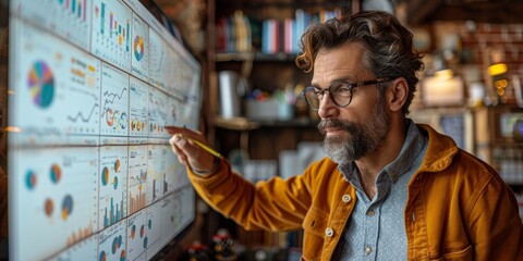 Male statistician use interactive whiteboard presentation touchscreen to look at charts in creative office. corporate 