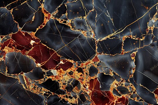 Multi Coloured Onyx Marble Texture Background, The Luxury of Polished Limestone Pattern, Red and Gold Veining Pattern in Black Background, Crystal Surface Marbled Illustration