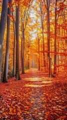 Autumn leaves cover the ground in a forest with a path/ Autumn background. . Vertical background