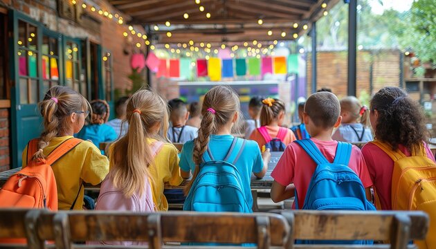 Children with backpacks seated from behind