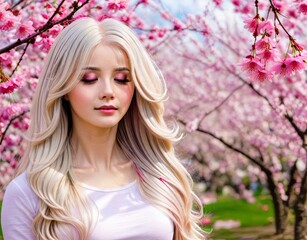Naklejka premium Woman with long blonde hair in front of cherry blossom tree