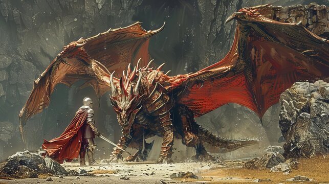 A brave knight in shining armor battling a fierce dragon to rescue a damsel in distress,