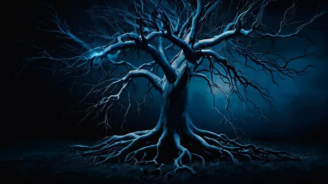 Blue energy roots imbued with energy, abstract background illustration of a tree in the dark