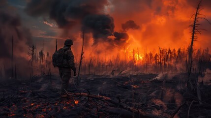 Obraz premium Soldier stands amidst a burnt forest under a fiery sunset