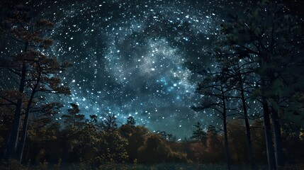 Starry night swirls above a tranquil forest scene