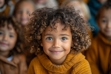 Happy Multiethnic Children Playing at Kindergarten, Focus on Child with Curly Hair and Light Clothing