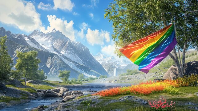 3D render ofAn artistic representation of the LGBTQ+ flag integrated into a vibrant, inclusive landscape.,photo realistic, high resolution photography, photographed in the style Photography